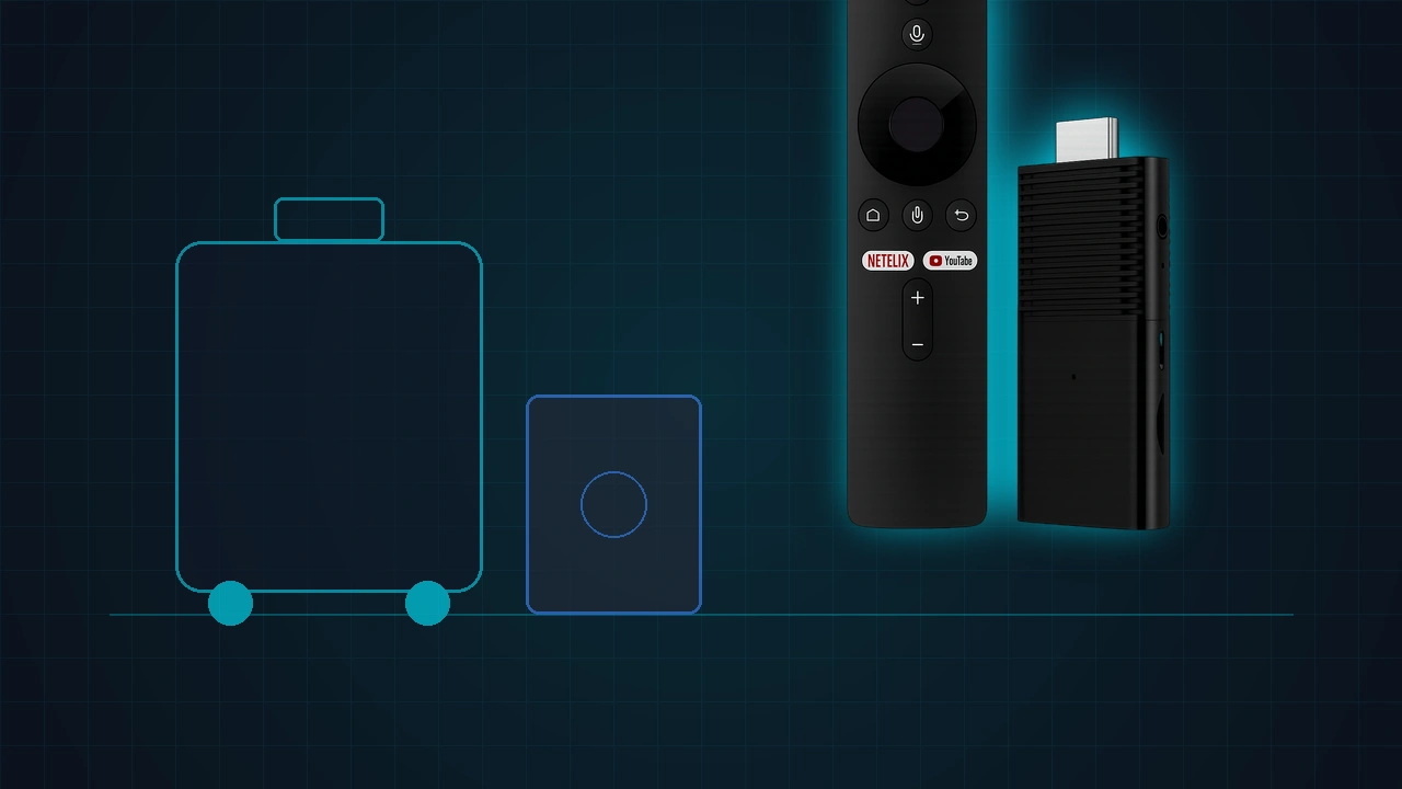 Flixy TV Stick hardware visual alongside travel silhouettes